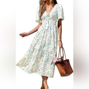 CUPSHE White Floral Maxi Dress with Blue & Green Print NWT XL